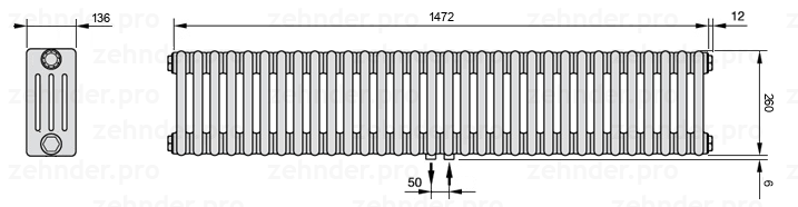 Схема (чертеж) Радиатор Zehnder Charleston 4026/32 №5410 Белый глянцевый RAL 9016